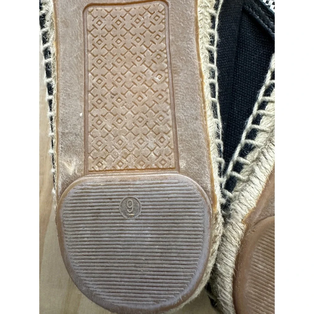 Tory Burch Canvas Logo Espadrille Flats Black White Woven Slip On Shoes 9M
